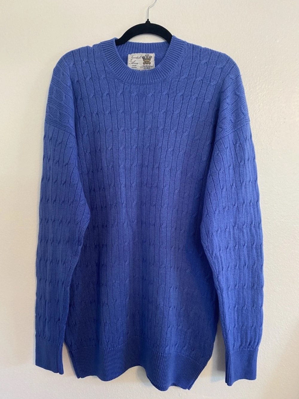 Turnbull & Asser Men Merino Wool Sweater Blue  Sz L Made in Scotland Cable Knit